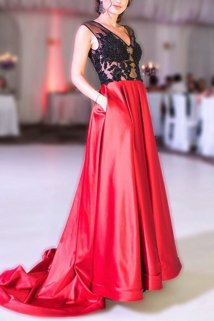 Black Lace Bodice + Red Satin A-Line Skirt + Black Drop Earrings