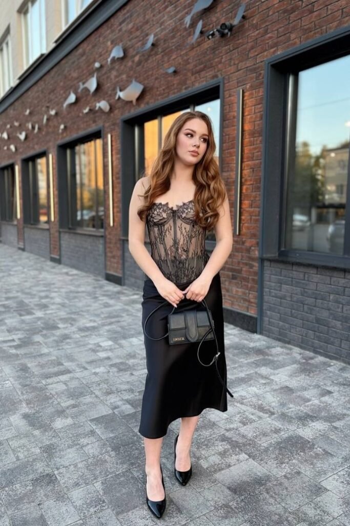 Black Lace Sheer Corset + Black Satin Midi Skirt + Black Pointed-Toe Heels
