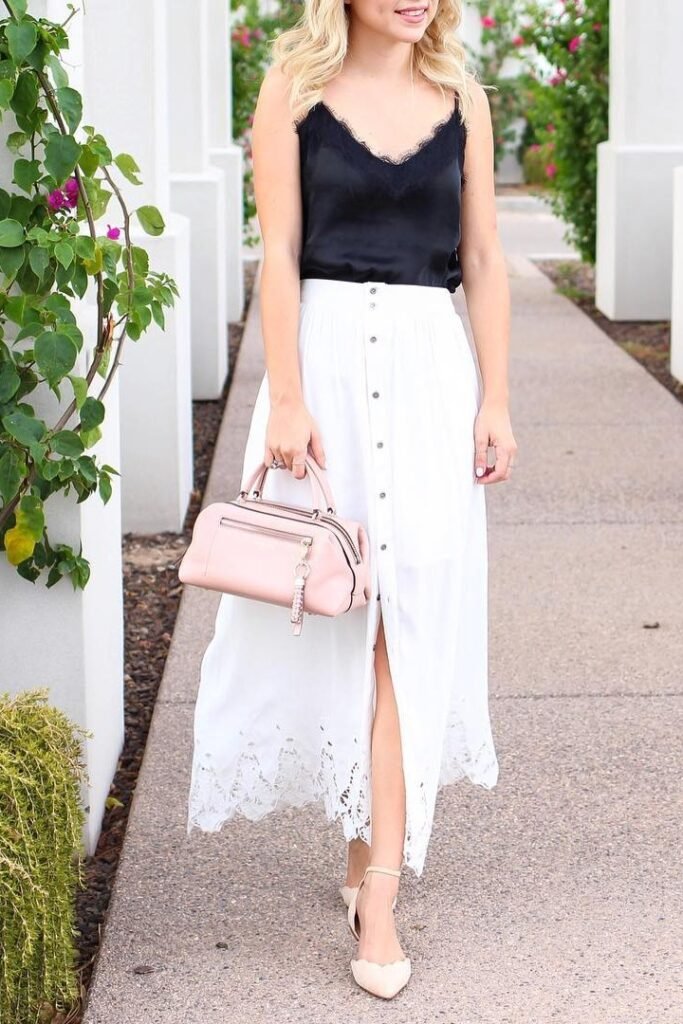 Black Lace-Trim Cami + White Eyelet Button-Down Skirt + Cream Scalloped Flats
