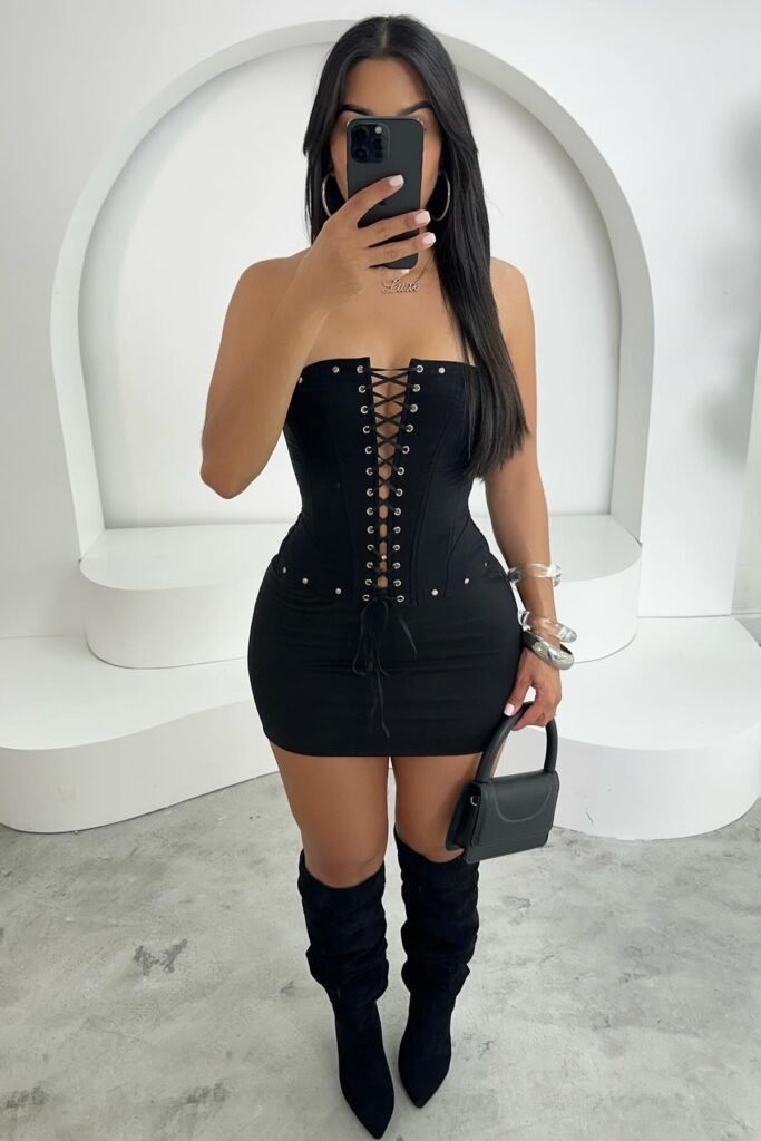 Black Lace-Up Corset Mini Dress + Black Suede Over-the-Knee Boots + Black Handbag