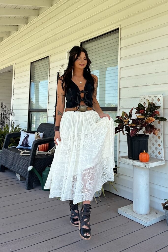Black Lace-Up Corset Top + White Lace Maxi Skirt + Brown Leather Concho Belt + Black Strappy Sandals