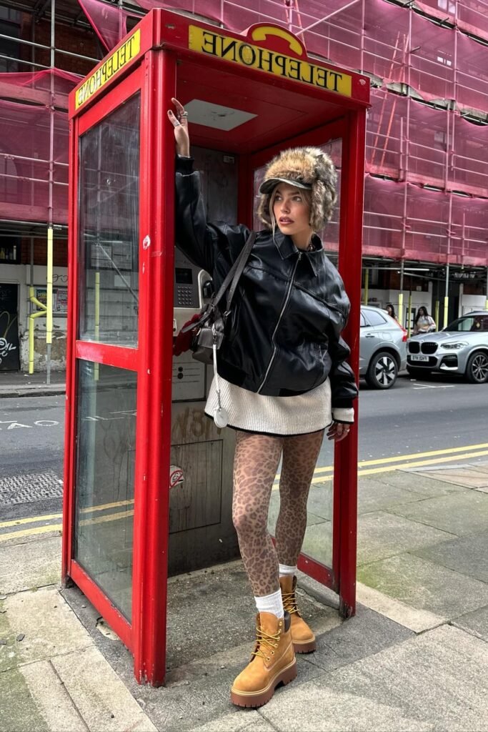 Black Leather Bomber Jacket + White Oversized Knit + Leopard Print Leggings + Tan Platform Boots