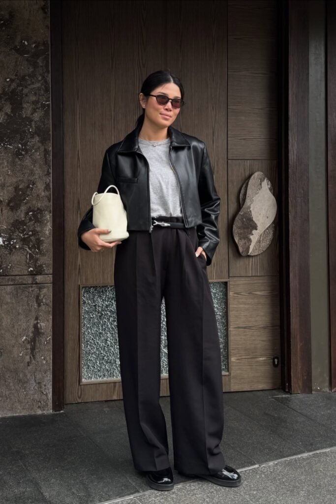 Black Leather Cropped Jacket + Grey T-Shirt + Black Wide-Leg Trousers + Black Loafers