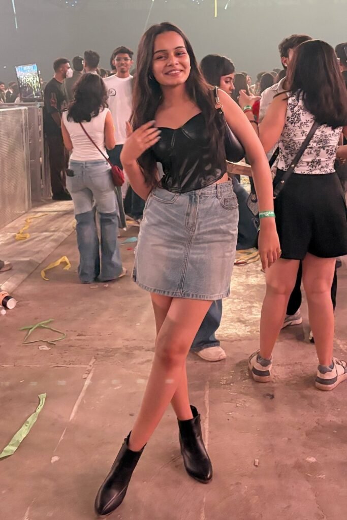 Black Leather-Look Bustier Top + Light-Wash Denim Mini Skirt + Black Pointed Ankle Boots