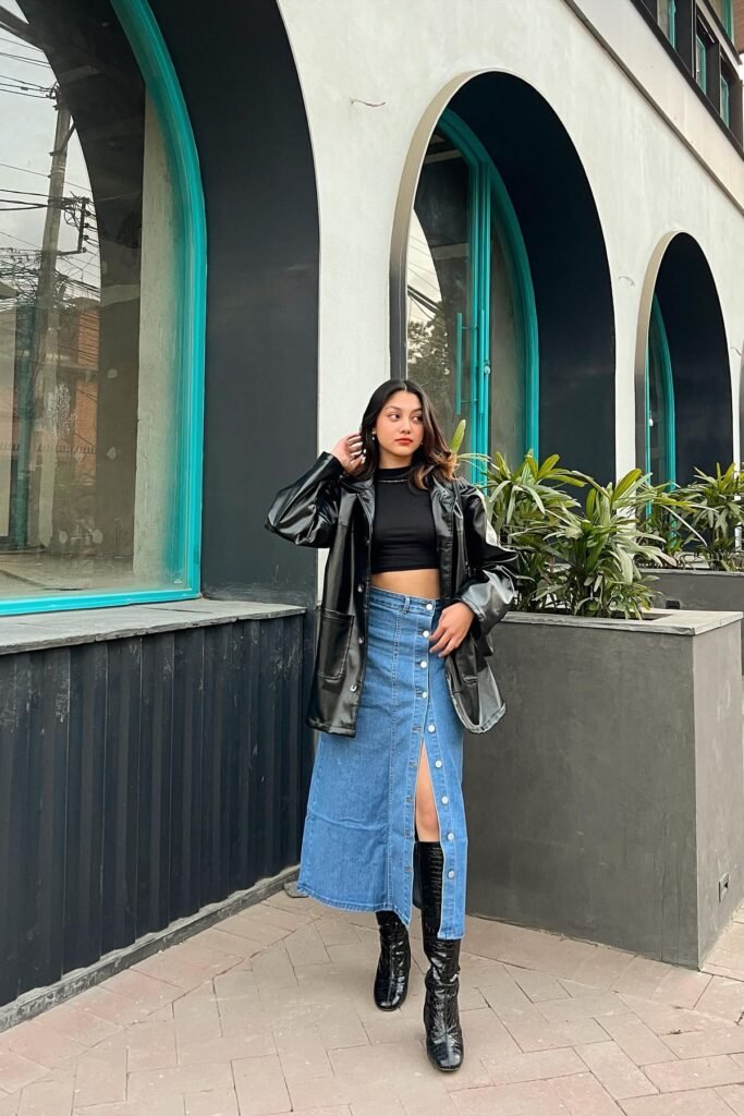 Black Leather Trench Coat + Black Crop Top + Button-Down Denim Maxi Skirt + Black Croc-Effect Boots