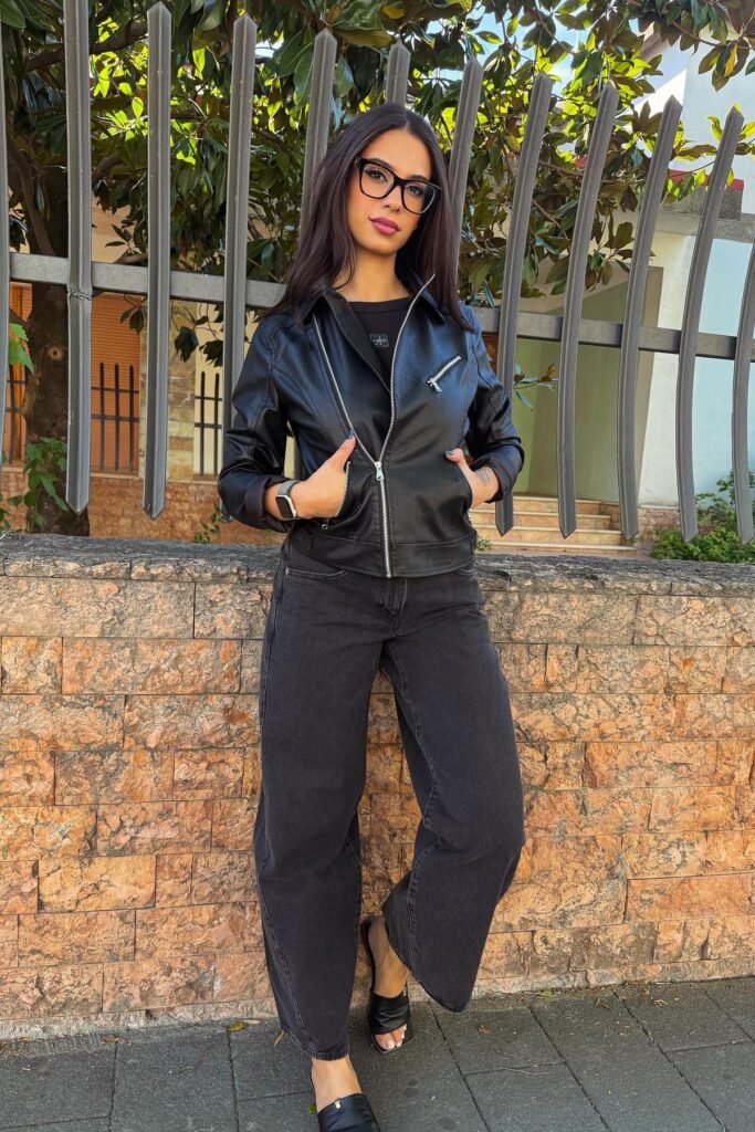 Black Leather Zip-up Jacket + Black T-shirt + Black Baggy Jeans + Black Slide