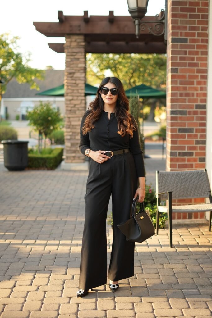Black Long-Sleeve Bodysuit + Black Wide-Leg Trousers + Embellished Black Pointed Heels