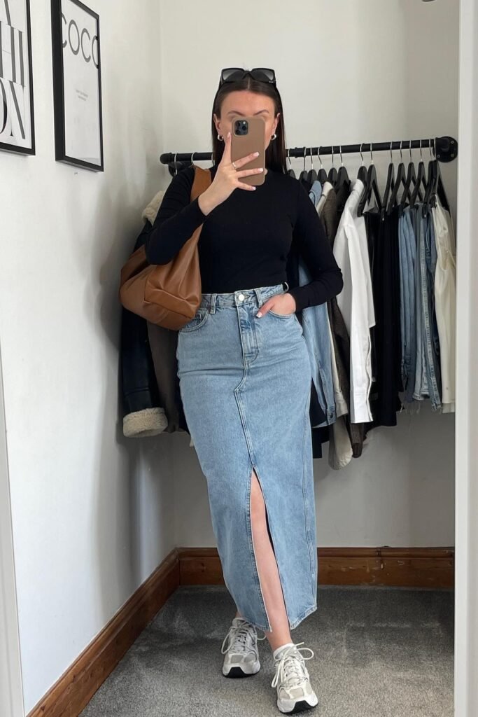 Black Long-Sleeve Bodysuit + Denim Maxi Skirt with Front Slit + White Athletic Sneakers