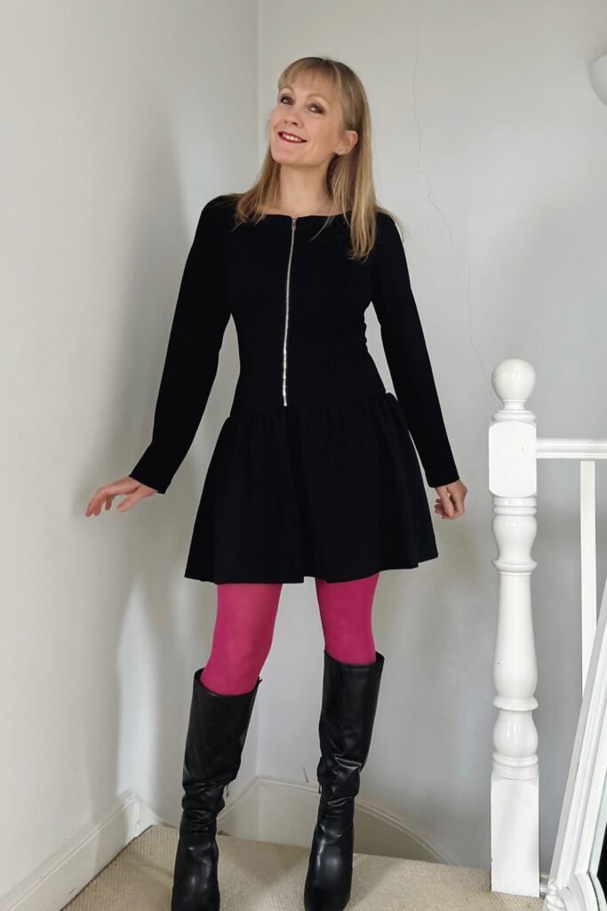 Black Long-Sleeve Mini Dress + Hot Pink Tights + Black Knee-High Boots