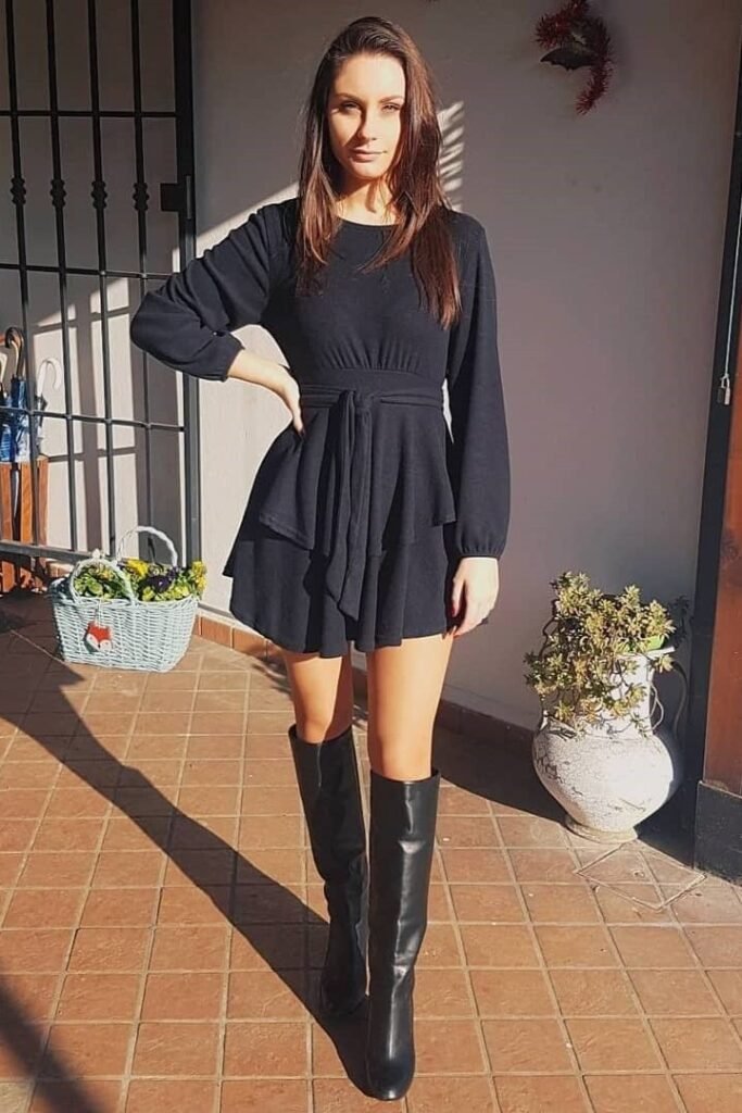 Black Long-Sleeve Ruffle Dress + Matching Waist Tie + Black Knee-High Boots
