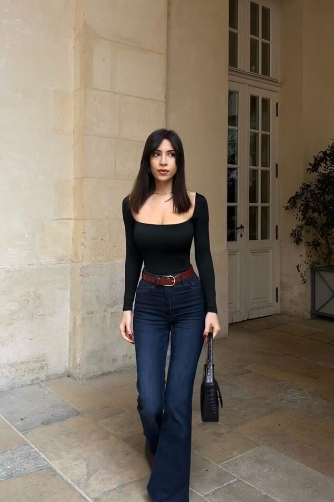 Black Long-Sleeve Square-Neck Top + Dark Wash Flared Jeans + Brown Leather Belt