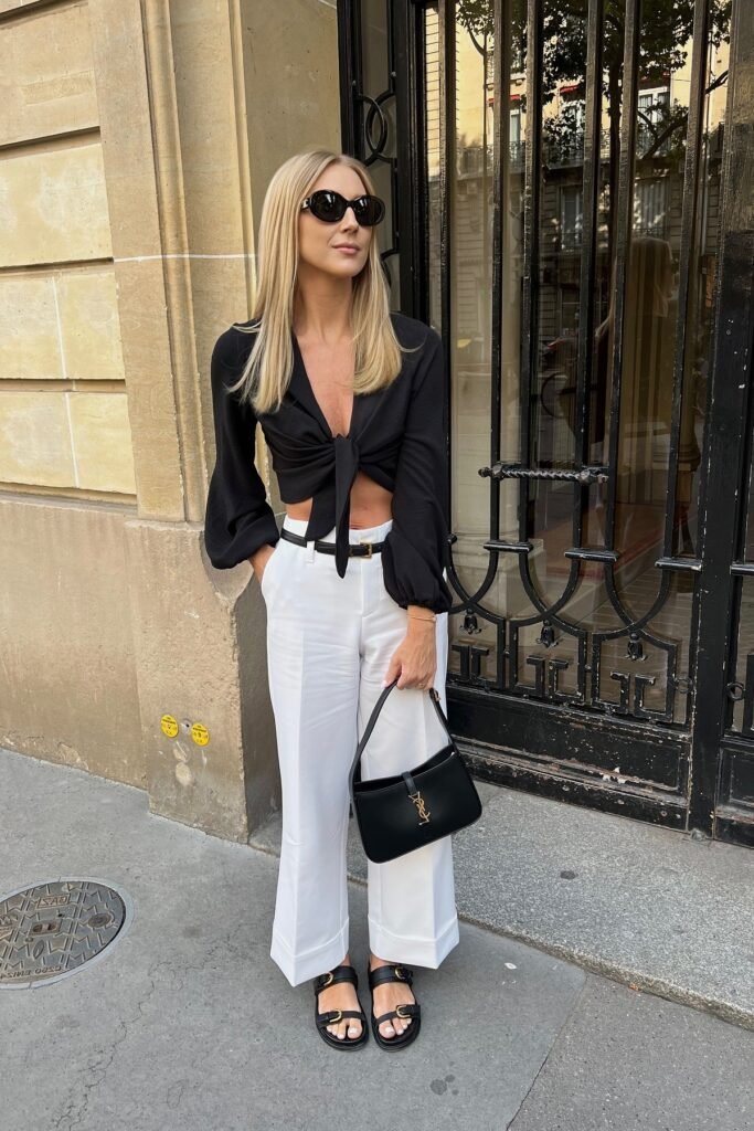 Black Long-Sleeve Tie-Front Crop Top + White Tailored Trousers + Black Double-Strap Sandals