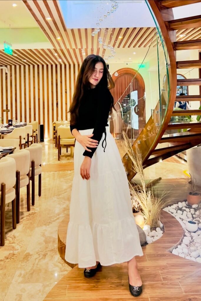 Black Long-Sleeve Wrap Top + White Tiered Maxi Skirt + Black Logo Flats