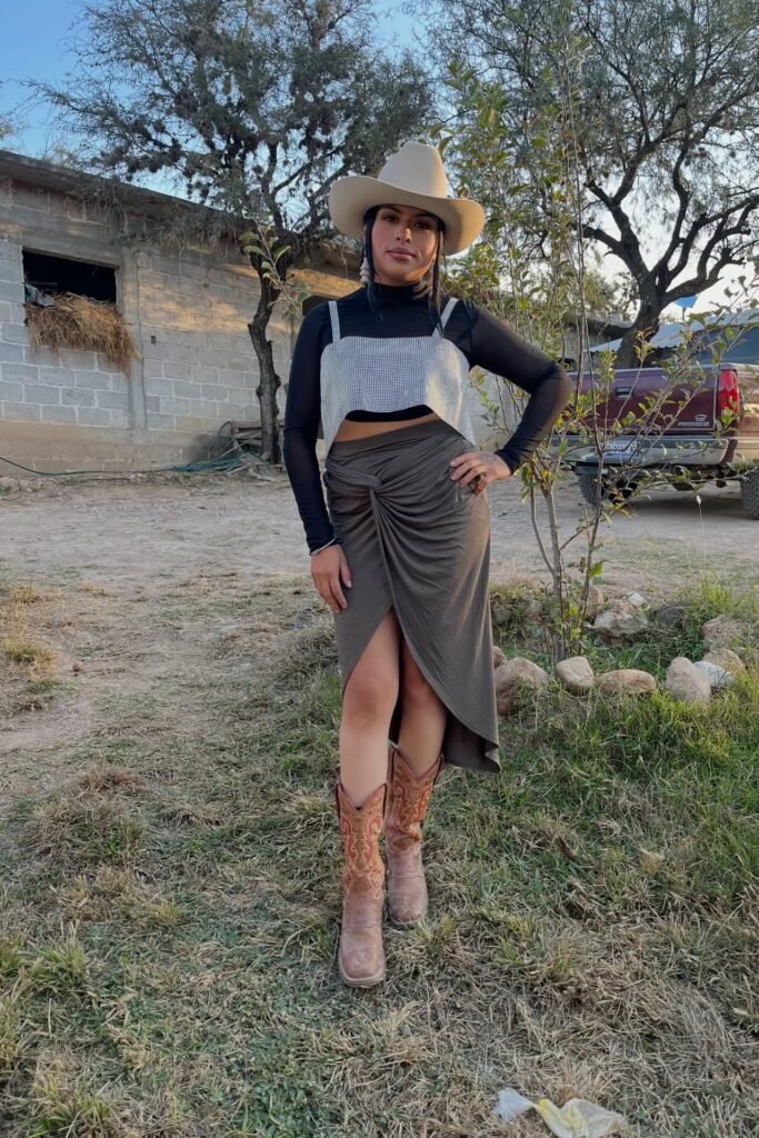 Black Mesh Long-Sleeve Top + Gingham Crop Overlay + Olive Ruched High-Low Skirt + Tan Western Boots