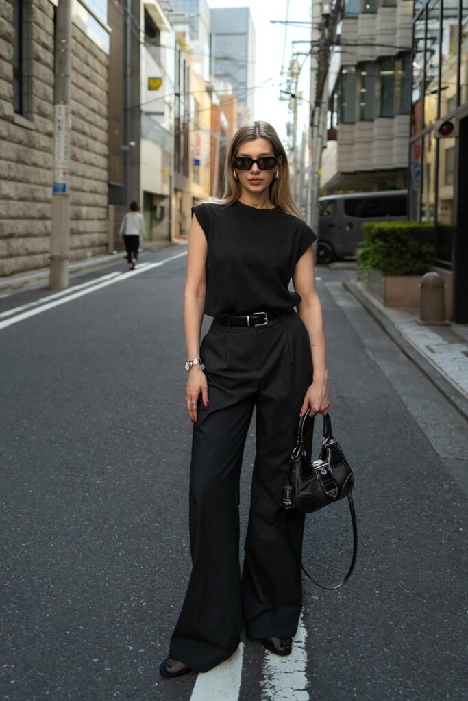 Black Muscle Tee + Black Wide-Leg Tailored Trousers + Black Mesh Ballet Flats