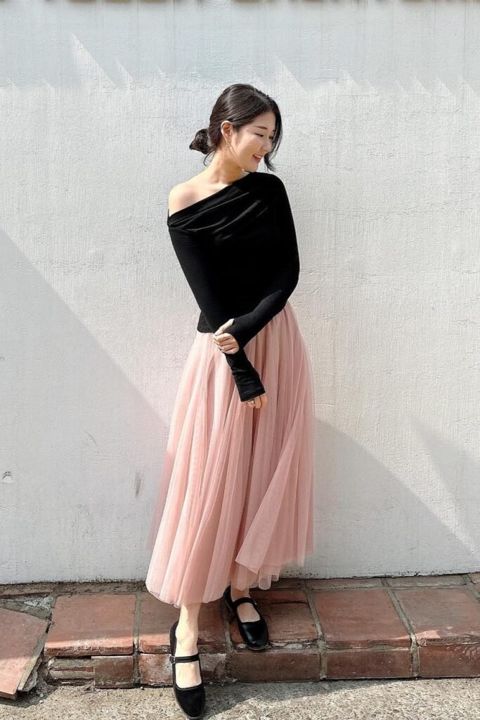 Black Off-the-Shoulder Long Sleeve Top + Pink Tulle Maxi Skirt + Black Mary Janes