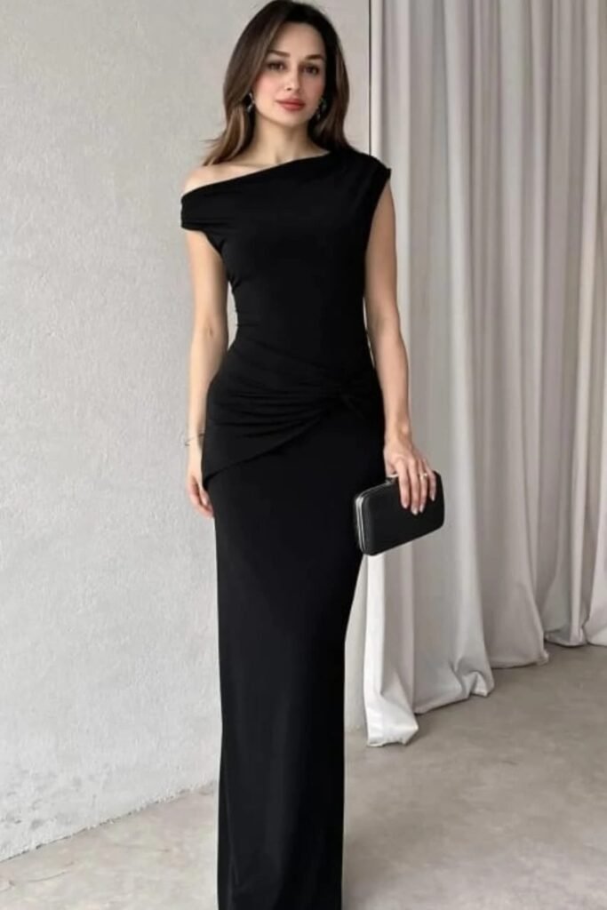 Black One-Shoulder Ruched Maxi Dress + Black Rectangular Clutch + Silver Drop Earrings