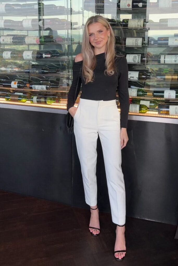 Black One-Shoulder Top + White High-Waisted Trousers + Black Strappy Sandals