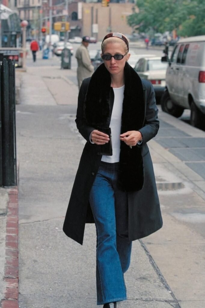 Black Overcoat with Faux Fur Stole + Medium Wash Flare Jeans + Black Boots