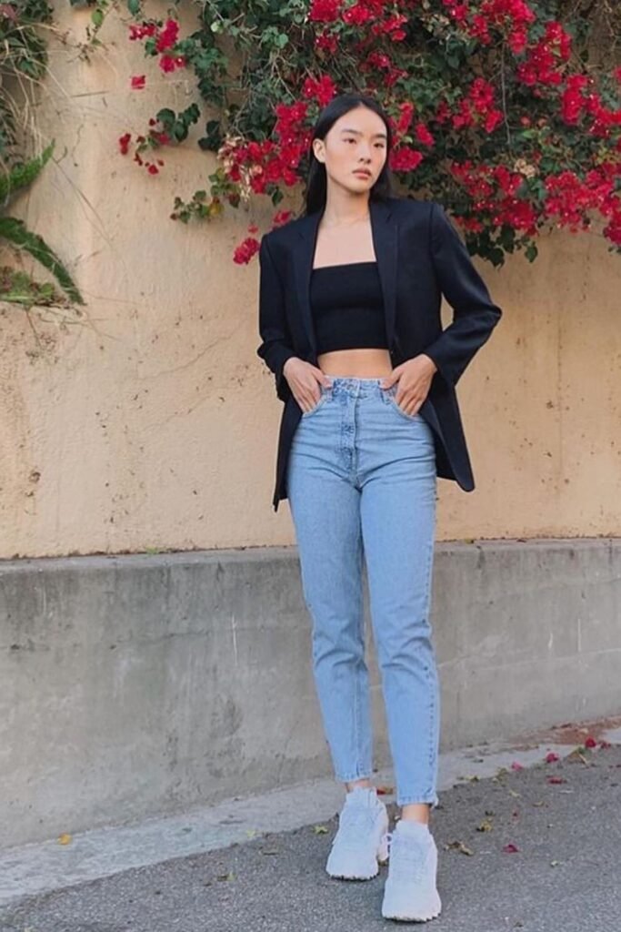 Black Oversized Blazer + Black Crop Top + Light Wash Slim Jeans + White Chunky Sneakers