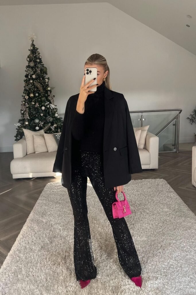 Black Oversized Blazer + Black Turtleneck + Black Sequin Flare Trousers + Pink Mini Bag + Pink Pointed-Toe Heels