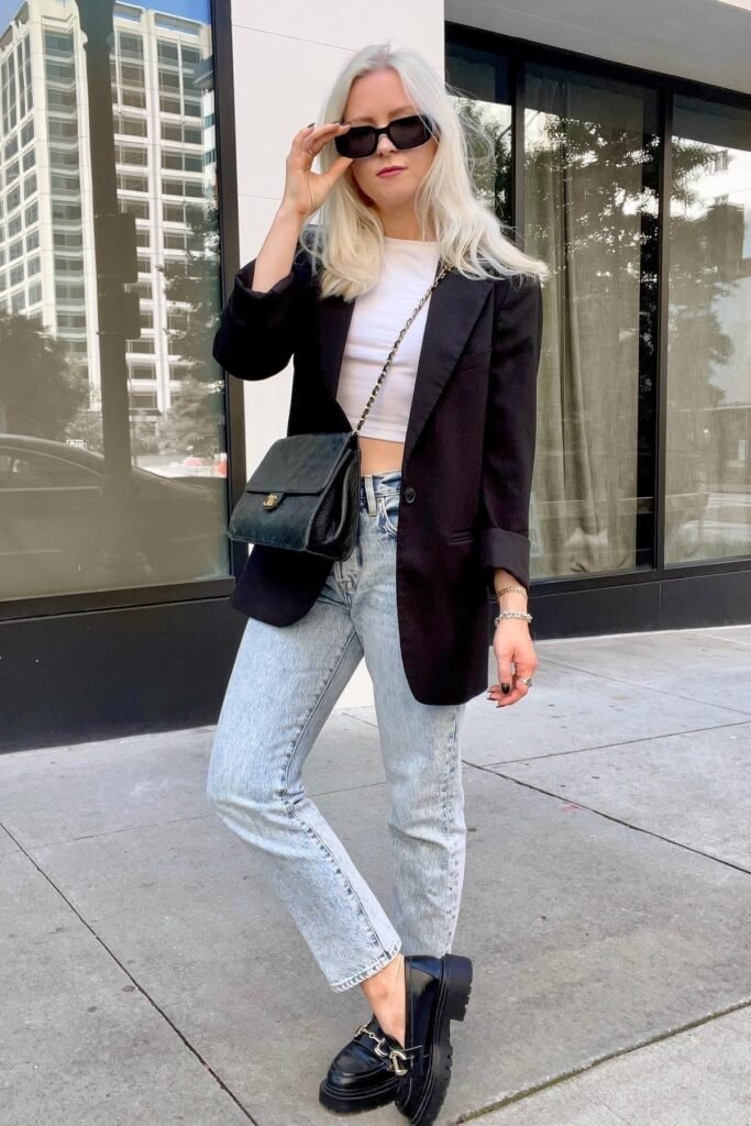 Black Oversized Blazer + White Crop Top + Light Wash Straight Jeans + Chunky Black Loafers
