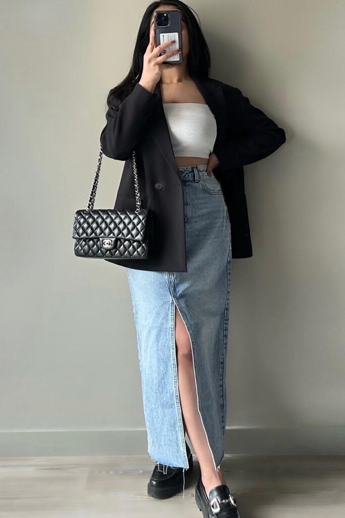 Black Oversized Blazer + White Tube Top + Denim Maxi Skirt + Black Loafers