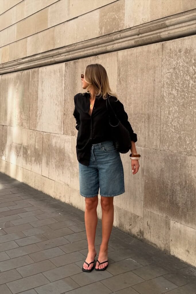 Black Oversized Button-Down Shirt + Medium Wash Denim Shorts + Black Square-Toe Thong Sandals