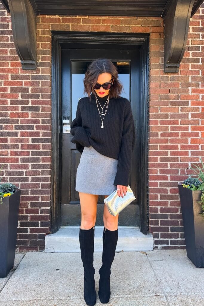 Black Oversized Ribbed Sweater + Grey Mini Skirt + Black Suede Knee-High Boots