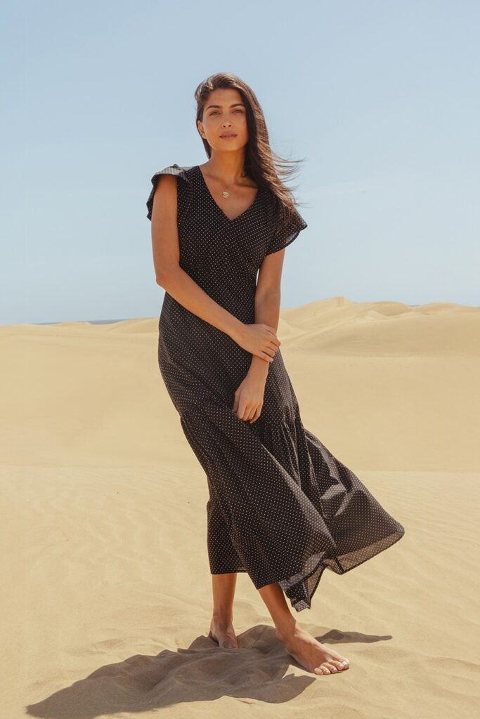 Black Polka Dot Maxi Dress + Barefoot + Gold Necklace