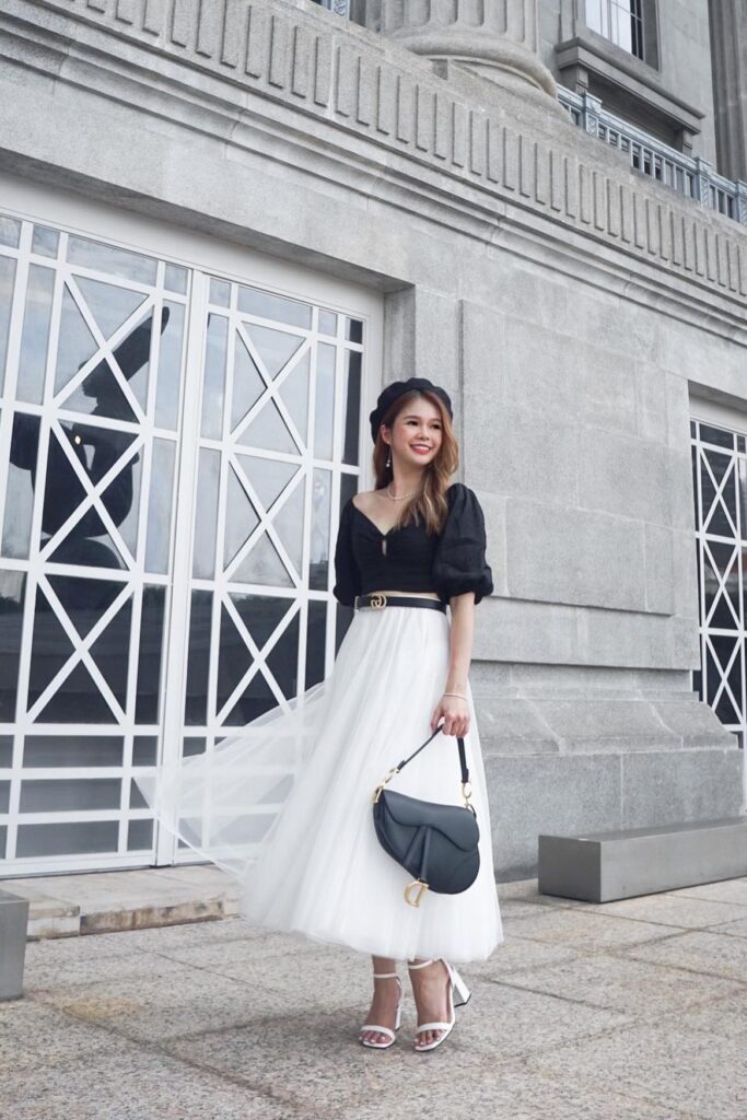 Black Puff-Sleeve Crop Top + White Tulle Midi Skirt + White Strappy Heels