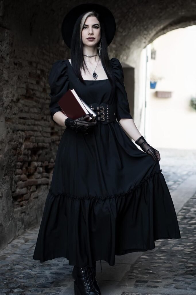 Black Puff-Sleeve Maxi Dress + Wide-Bustier Belt + Black Wide-Brim Hat + Black Lace-Up Platform Boots