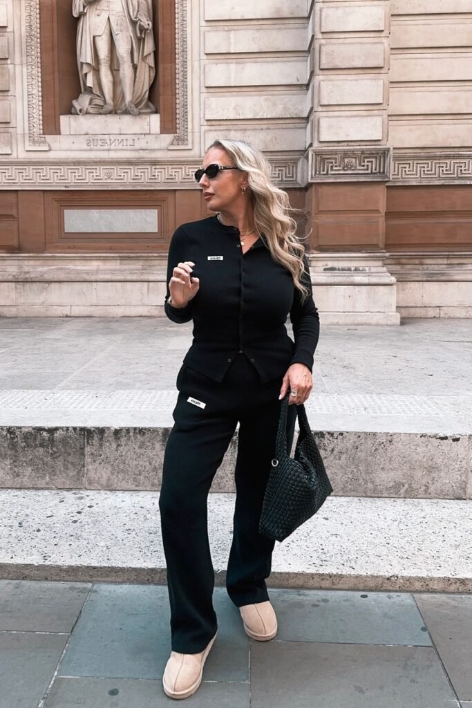 Black Ribbed Button-Up Cardigan + Black Straight-Leg Trousers + Tan Shearling Boots