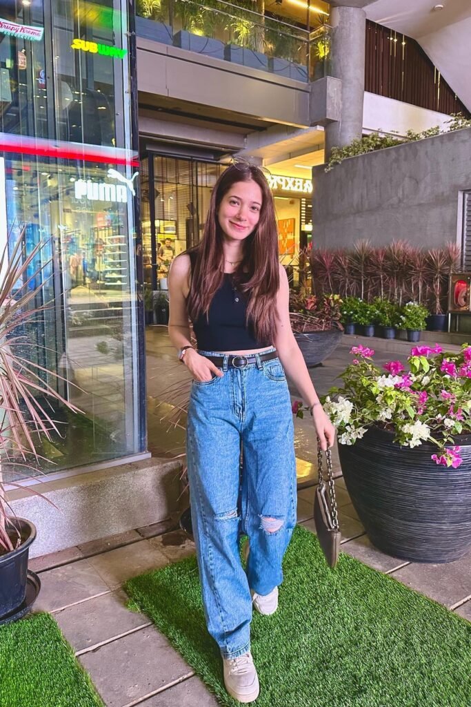 Black Ribbed Crop Top + Wide Leg Distressed Jeans + White Sneakers