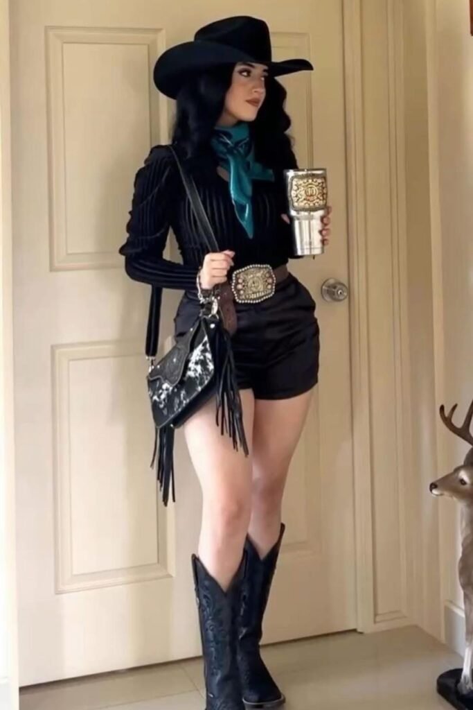 Black Ribbed Long Sleeve + Black Shorts + Teal Scarf + Black Cowboy Boots