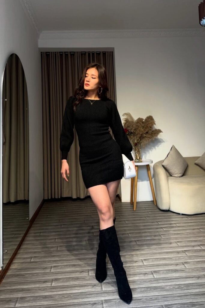 Black Ribbed Long-Sleeve Mini Dress + Black Knee-High Suede Boots