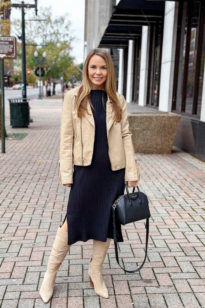 Black Ribbed Midi Dress + Beige Leather Moto Jacket + Cream Pointed-Toe Boots
