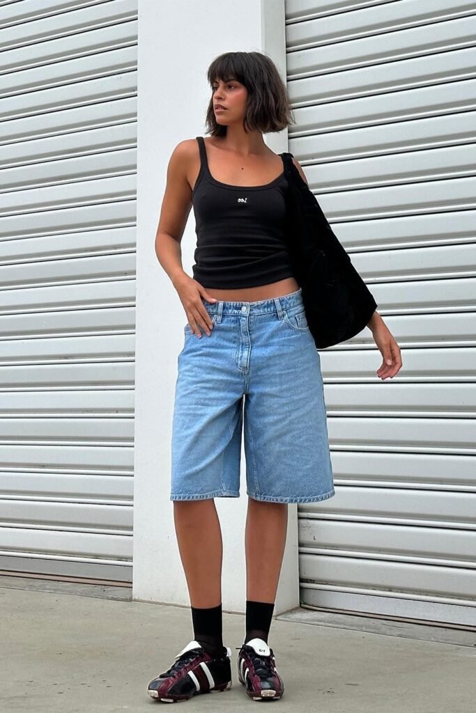 Black Ribbed Tank Top + Light Wash Denim Bermuda Shorts + Black Soccer-Style Sneakers