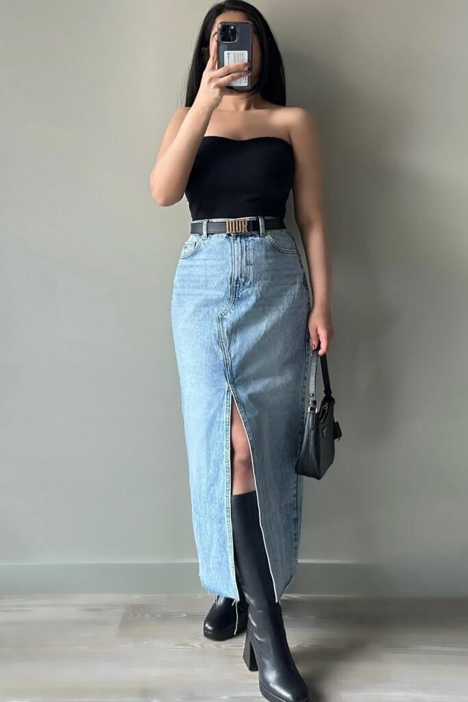 Black Ribbed Tube Top + Denim Maxi Skirt + Black Platform Boots