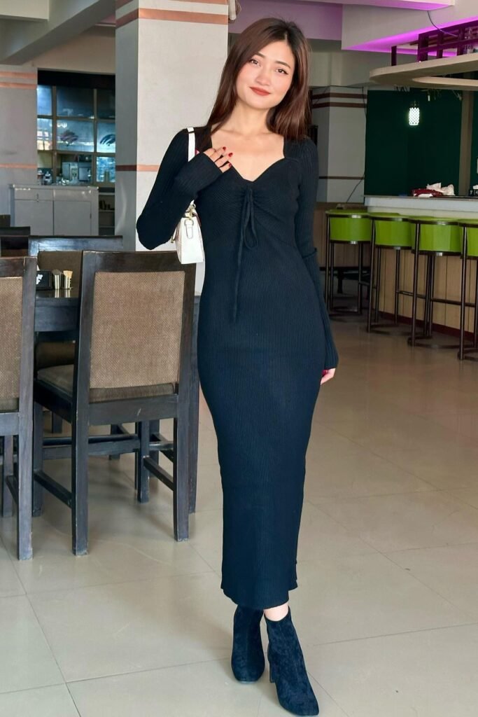 Black Ribbed V-Neck Maxi Dress with Tie Detail + Black Suede Ankle Boots