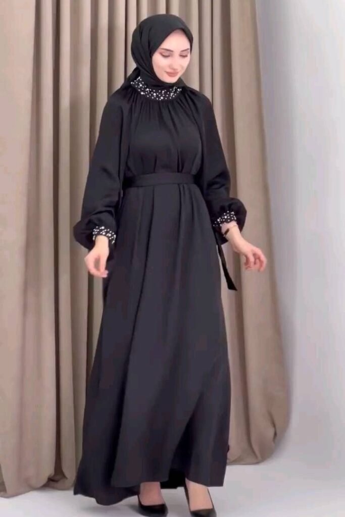 Black Satin Maxi Dress with Pearl Embellishments + Black Hijab + Black Pumps