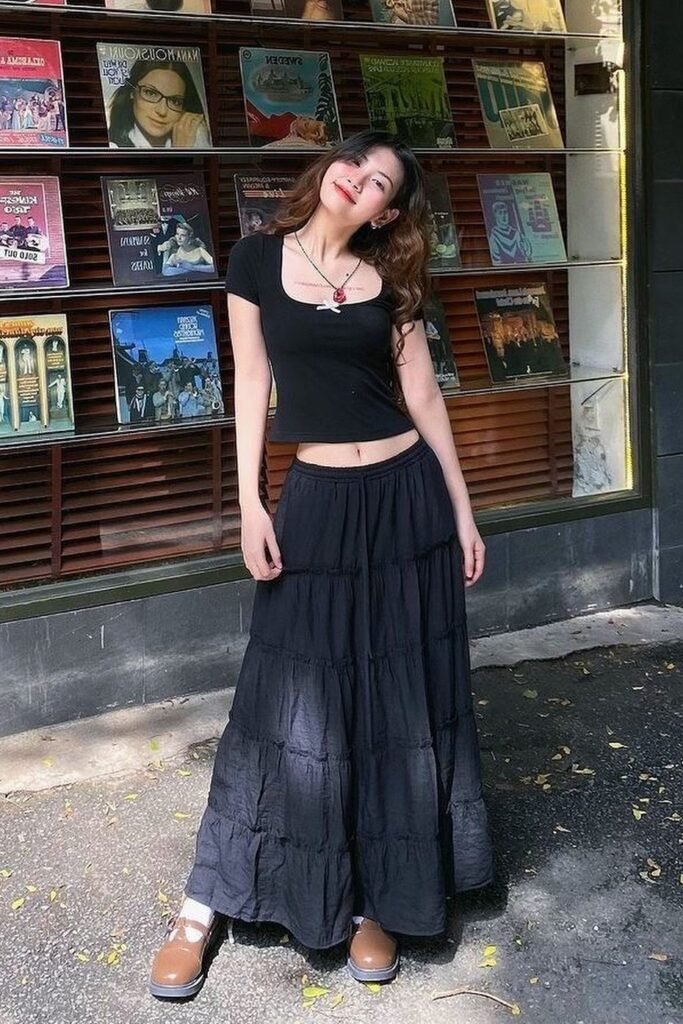 Black Scoop Neck Baby Tee + Black Tiered Maxi Skirt + Brown Mary Jane Shoes