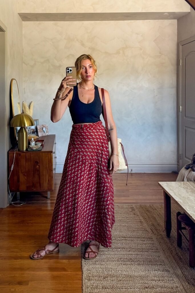 Black Scoop-Neck Crop Top + Red Floral Maxi Skirt + Brown Strappy Sandals