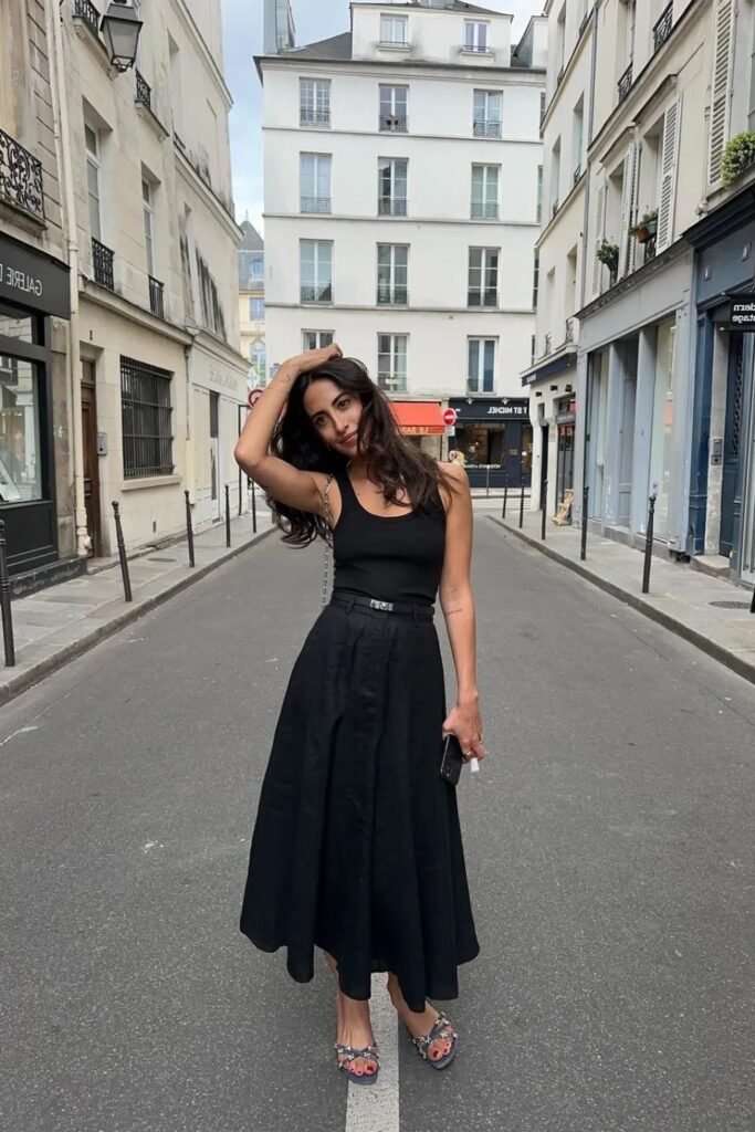 Black Scoop-Neck Tank Top + Black Midi A-Line Skirt + Blue Embellished Sandals