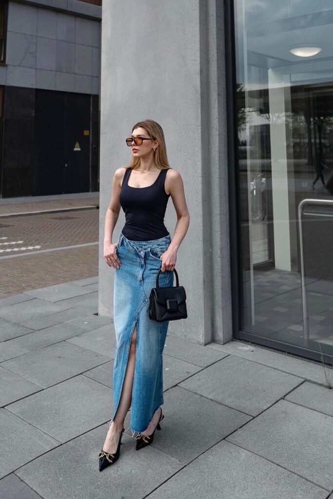 Black Scoop Neck Tank Top + Long Denim Skirt with Front Slit + Black Pointed Heels