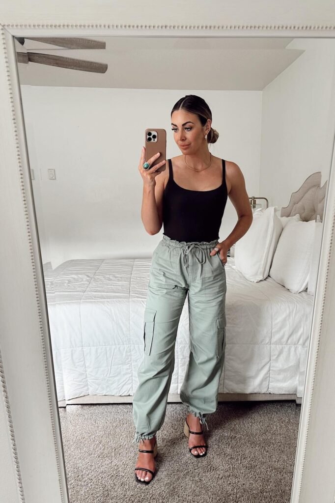 Black Scoop Neck Tank Top + Sage Green Cargo Joggers + Black Heeled Sandals