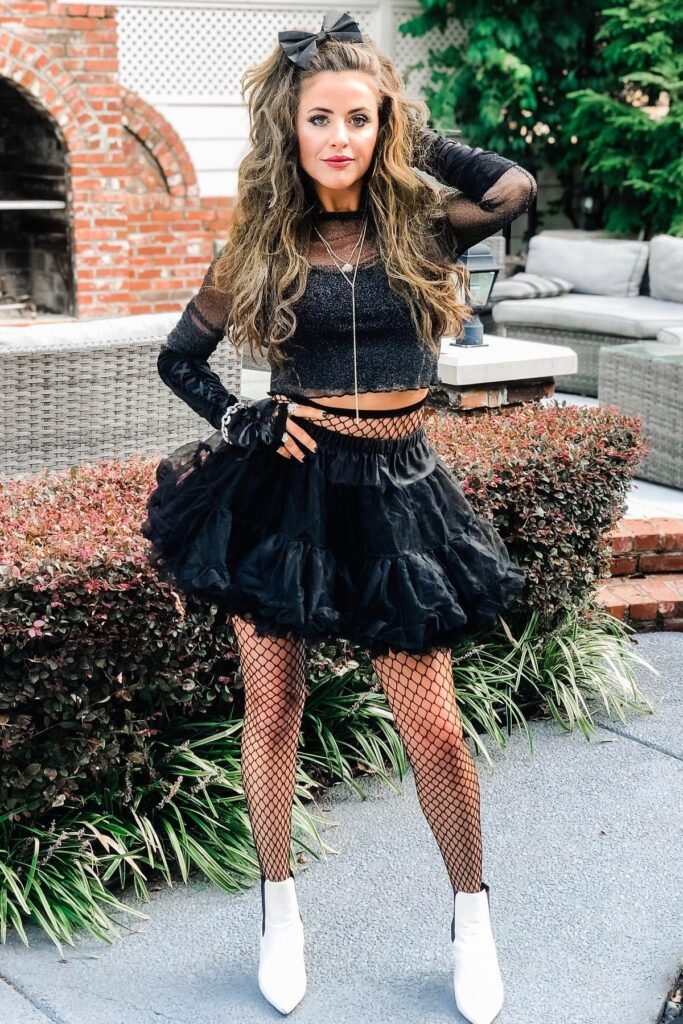 Black Sheer Mesh Top + Black Tutu Skirt + Black Fishnet Tights + White Pointed-Toe Ankle Boots