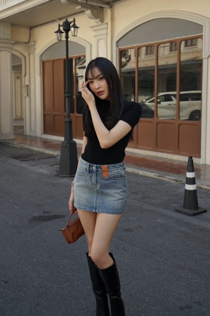Black Short-Sleeve Mock Neck Top + Denim Mini Skirt + Black Knee-High Boots