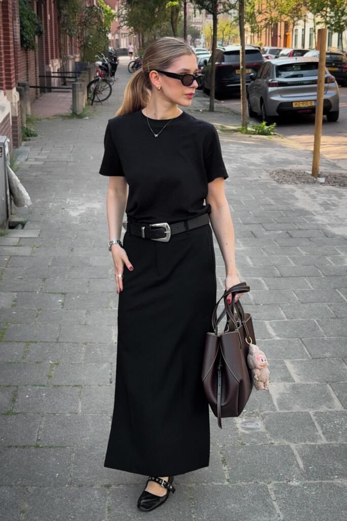 Black Short-Sleeve T-Shirt + Black Column Maxi Skirt + Black Buckled Mary Janes