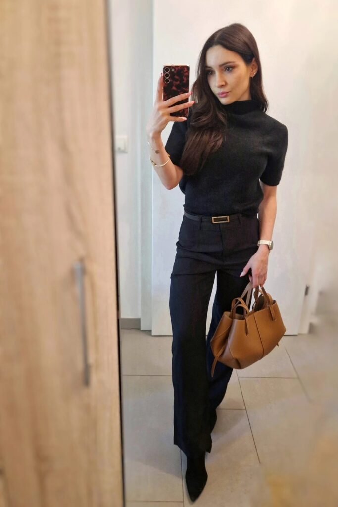 Black Short-Sleeve Turtleneck Sweater + Black Slim-Fit Trousers + Black Pointed-Toe Boots